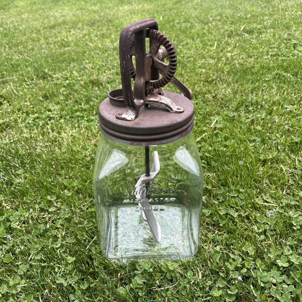 Vintage Glass Sunbeam Mixmaster Butter Churn‎ w/ Metal Paddles